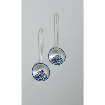 Fine Silver Circular Domed Earrings - Painted Blue Details - Sterling Silver ear wire - 'EMOD III.'