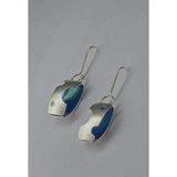 Three Dimensional Rectangular Fine Silver Earrings - Blue Painted Details - Sterling Silver ear wire - 'ELLIPTICAL II.'